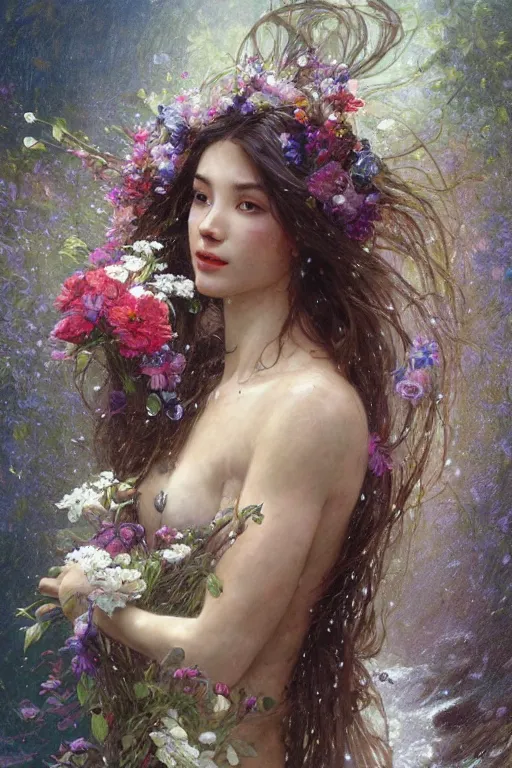 Image similar to portrait of a beautiful mysterious woman holding a bouquet of flowing flowers, wet dripping long hair, hands hidden under the bouquet, emerging from the water, fantasy, regal, intricate, by stanley artgerm lau, greg rutkowski, thomas kindkade, alphonse mucha, loish, norman rockwell