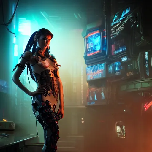 Image similar to high quality portrait of Kerrigan from starcraft in a cyberpunk cyberpunk cyberpunk cafe, realism, 8k, award winning photo