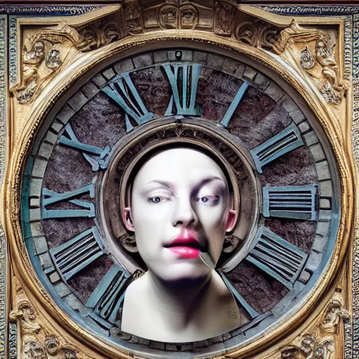 Image similar to human head replaced with clock in baroque style , surrealism , hyperrealistic , photoreaistic