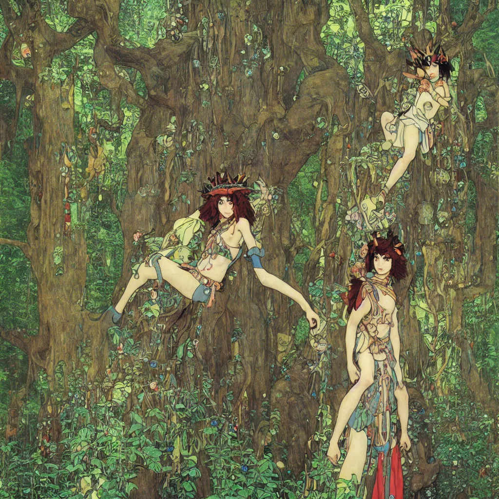 Image similar to Princess Mononoke, fully clothed in armor, lush fairy forest, neon, concept art, schematics, studio ghibli, gnarly trees, painted by gustav klimt, norman rockwell, mucha, james gurney, high detail, denoised, sharp, architectural