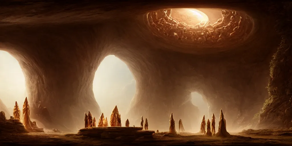 Prompt: a majestic photograph hiperrealistc of the entrance kingdom of agharta, land of advanced races, giant, hollow earth infographic, illustrations, a big shell with a sun in the interior, dynamic lighting, fantastically beautiful, aesthetically inspired by monia merlo, trending on artstation, art by odd nerdrum, 8 k, upscale