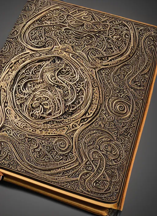 Image similar to an ancient ornate intricate old tome spell book with the sigil symbol of an eye emblazoned on the cover, cinematic, realistic, intricate detail, finely detailed, small details, extra detail, photorealistic, high resolution, 3D, PBR, path tracing, volumetric lighting, octane render, arnold render, 8k