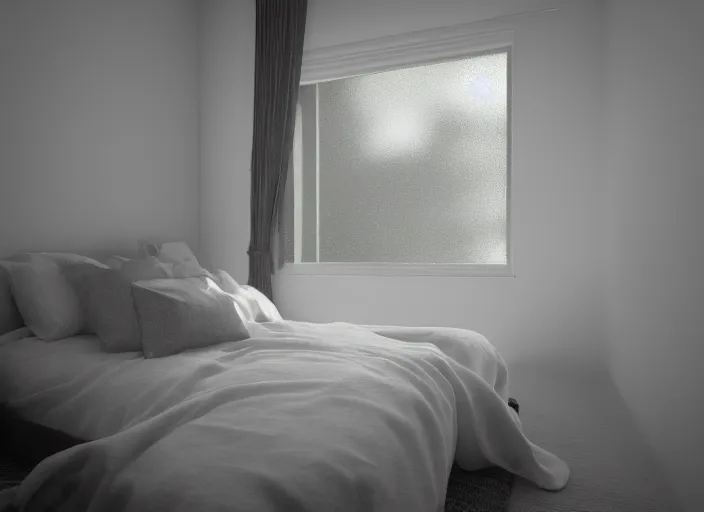 Image similar to photography of a Jack Russel watching outside the window on a bed in a 3d rendered white room, octane render, 3d, foggy, volumetric light, volumetric fog, photorealistic, unreal engine 5