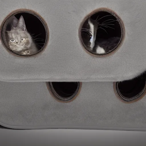 Image similar to a highly detailed photo of multiple furry cats, they are inside a big louis vuitton bag's, gray background, studio lighting, 4 k, 8 k