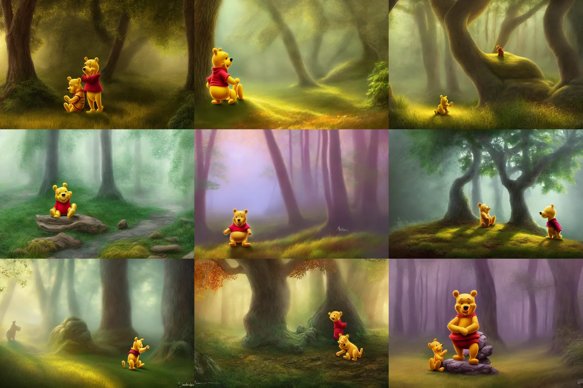 Prompt: winnie the pooh statue in the forest, smooth, stone, ethereal, vibrant, fantasy, elegant, greenery, fog, golden hour, digital painting, masterpiece, trending on artstation