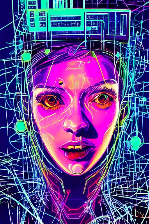 Prompt: dreamy cyberpunk girl, abstract smoke neon, digital nodes, computer network, beautiful woman, detailed acrylic, grunge, intricate complexity, by dan mumford and by alberto giacometti, jean - michel basquiat