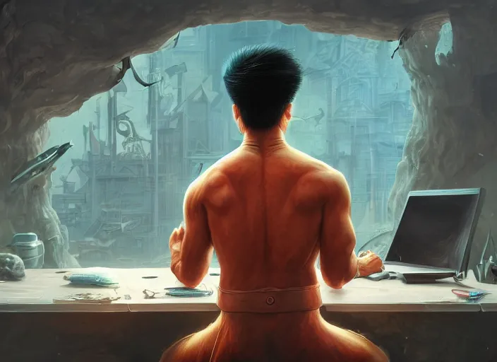 Image similar to an insanely detailed painting of an asian man wearing a homemade superhero costume, sitting at a desk, staring seriously at the computer and typing, in the style of peter mohrbacher, james jean, artgerm, dramatic lighting and composition, surreal background, octane render, pixar, trending on artstation, concept art, comic book, view from behind, 8 k