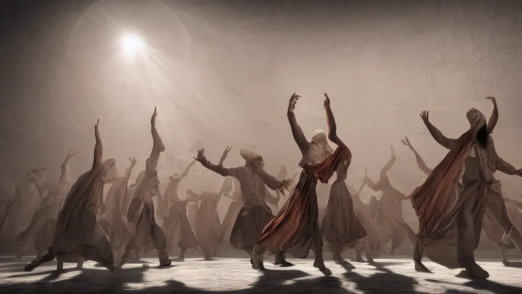 Image similar to tyrkisk sufi dance, sufi, arabic words, bysintine, gothic, 4 k, smokey, michael whelan, peter mohrbache, giovanni paolo panini style epic, volumetric light, insanely detailed, realistic, 8 k, unreal engine render, artstation trends, hyper detail, epic art style, cinematic, concept art, soft white gold lights