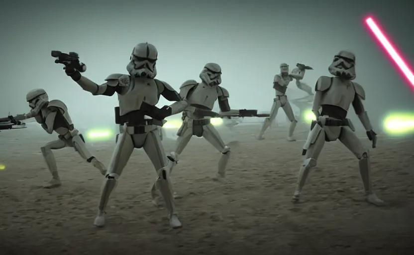 Prompt: found footage of the clone wars in the battlefield, neon star wars, film grain, dark lighting, realistic, photograph, silent hill style, detailed cinematic lighting