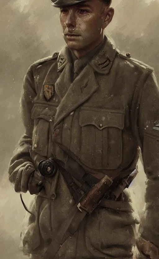 Prompt: Portrait of a WWII RAF officer, male, detailed face, 20th century, highly detailed, cinematic lighting, digital art painting by greg rutkowski