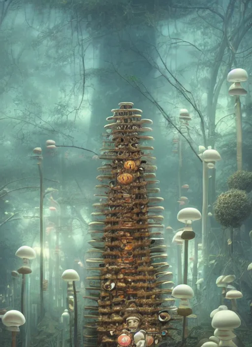 Prompt: wide - angle shot of mushroom temple, cables and tubes, depth of field, zeiss lens, detailed, symmetrical, centered, fashion photoshoot, by nicoletta ceccoli, mark ryden, lostfish, earl nore, hyung tae, frank frazetta, breathtaking, 8 k resolution, extremely detailed, beautiful, establishing shot, artistic, hyperrealistic, octane render