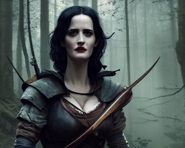 Image similar to 5 5 mm portrait photo of a real life tough looking eva green as ciri with a large scar along her left cheek, in a magical forest. dark atmosphere. art by greg rutkowski. highly detailed 8 k. intricate. lifelike. soft light. nikon d 8 5 0.