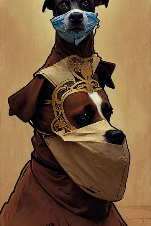 Image similar to Dog wearing mask by greg rutkowski and alphonse mucha