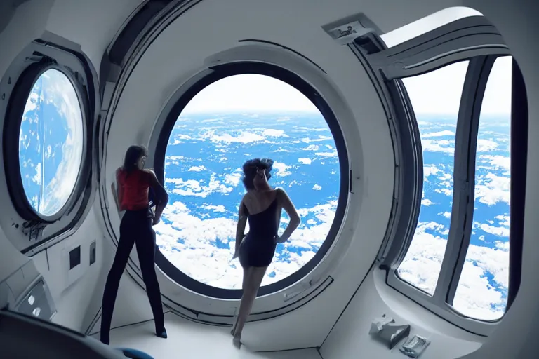 Image similar to sci-fi scene of space tourists in glamourous spaceship bedroom looking out large circular window at earth orbit By Emmanuel Lubezki