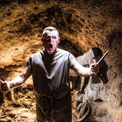 Prompt: big butcher man posing scarily, scary angry pose, cleaver, earie setting, in a dark cave, horror, hyperdetailed