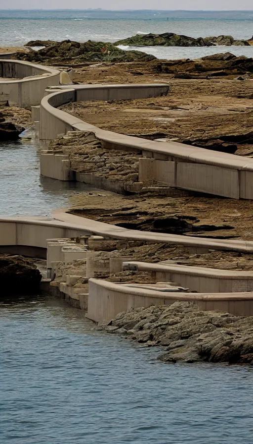 Image similar to beautiful color pentax photograph of pristine frank lloyd wright storm surge barriers. distant shot, wide angle