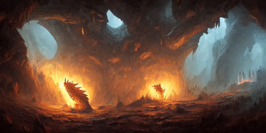 Prompt: closed up oil painting of one deathwing dragon from world of warcraft in a cave by greg rutkowski