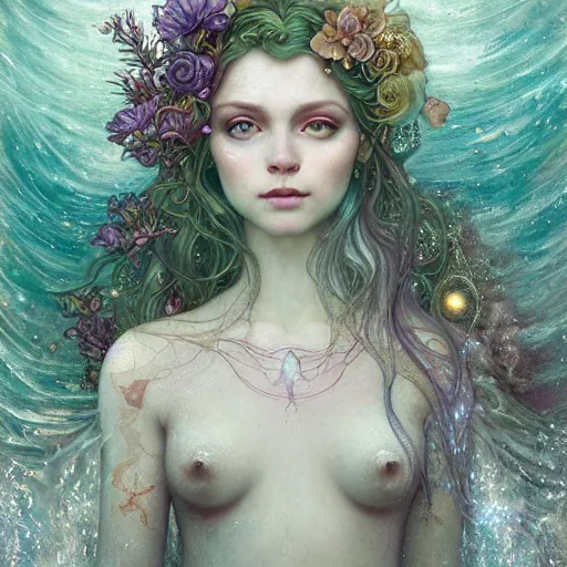 Prompt: Beautiful Delicate Detailed portrait of a mermaid With Magical green Eyes by Tom Bagshaw, Bastien Lecouffe Deharme, Erik Johansson, Amanda Sage, Alex Grey, Alphonse Mucha, Harry Clarke, Josephine Wall and Pino Daeni, Delicate water creature siren With long blue Hair and Magical Sparkling Eyes, Magic Particles; Magic Swirls, 4K; 64 megapixels; 8K resolution concept art; detailed painting; digital illustration; hyperrealism; trending on Artstation; Unreal Engine Photorealistic, lifelike, Unreal Engine, sharp, sharpness, detailed, 8K