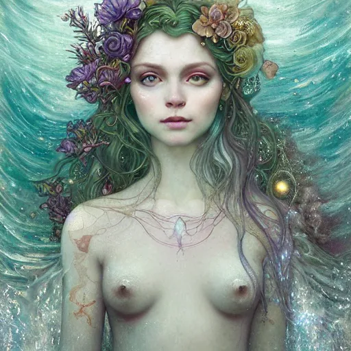 Image similar to Beautiful Delicate Detailed portrait of a mermaid With Magical green Eyes by Tom Bagshaw, Bastien Lecouffe Deharme, Erik Johansson, Amanda Sage, Alex Grey, Alphonse Mucha, Harry Clarke, Josephine Wall and Pino Daeni, Delicate water creature siren With long blue Hair and Magical Sparkling Eyes, Magic Particles; Magic Swirls, 4K; 64 megapixels; 8K resolution concept art; detailed painting; digital illustration; hyperrealism; trending on Artstation; Unreal Engine Photorealistic, lifelike, Unreal Engine, sharp, sharpness, detailed, 8K