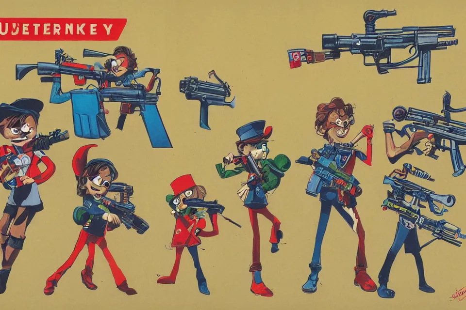 Image similar to 3 concept illustrations supersoaker water guns, by jamie hewlett
