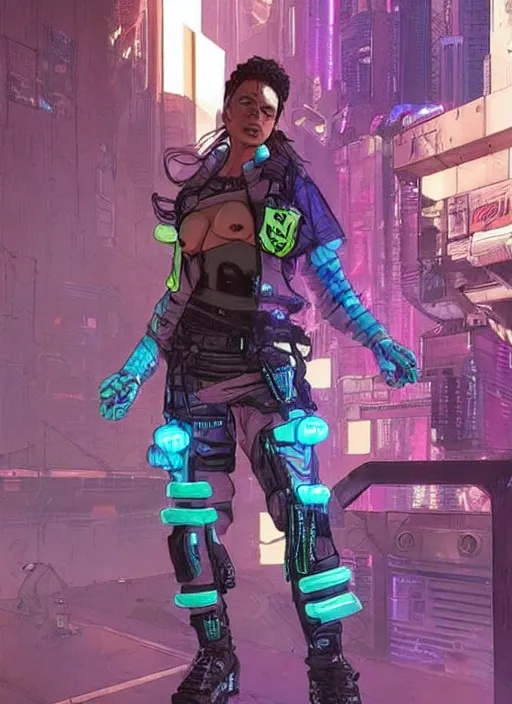 Prompt: apex legends cyberpunk fitness babe. concept art by james gurney and mœbius. gorgeous face, cinematic, dramatic lighting ( cyberpunk 2 0 7 7 ), clean aesthetic