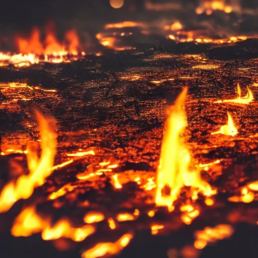 Image similar to landscape of hell, fire, tilt shift