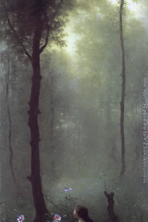 Prompt: moody painting of purple morning glory flowers vining and growing in a forest dimly lit at night. foggy volumetric darkness, muted colour palette oil painting on canvas william - adolphe bouguereau