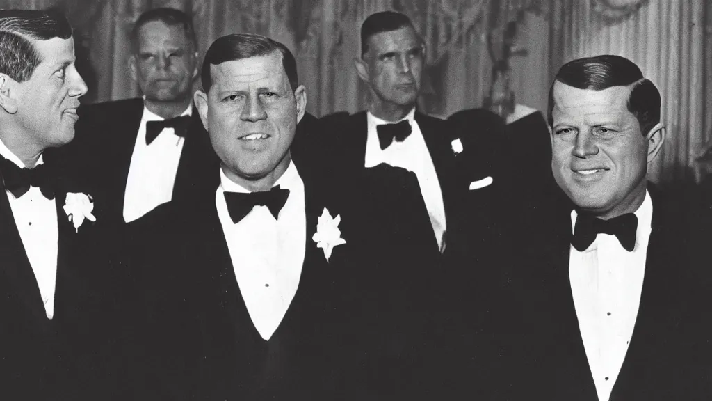 Image similar to a vintage color kodachrome photograph of cthulhu in a tuxedo at a fundraising in the white house with jfk in 1 9 6 3