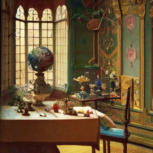Prompt: still life painting of a miniature tabletop forest with a tiny palace under an ornate glass dome, by paulette tavormina and vermeer and rudolf ernst, surrealism, faery palace, velvet tablecloth, hyper realistic, sharp focus, beautiful bright lighting, god rays, donato giancola