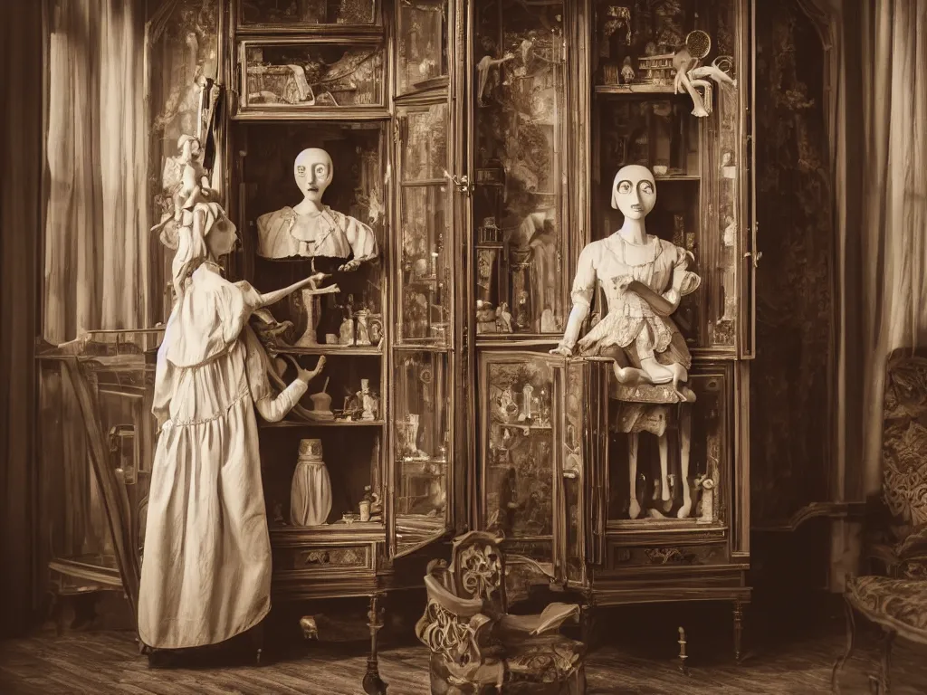 Image similar to old photography of a beautiful automaton girl in a victorian cabinet decor, small windows, antiquities, man ray, alfred ghisoland, gregory crewdson, miss aniela, erwin olaf, 4 k,