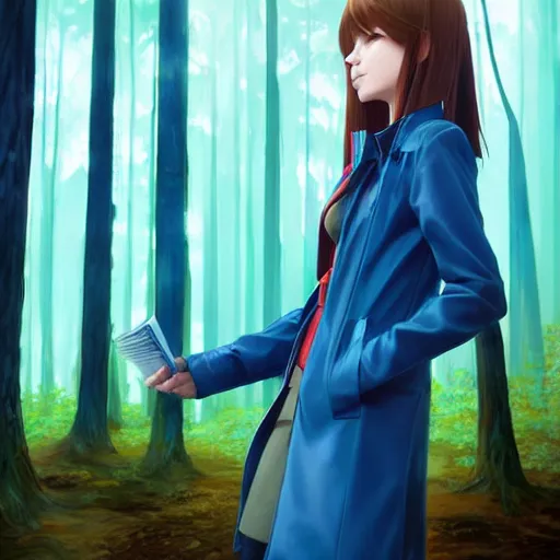 Prompt: realistic render of a girl with brown hair in a ponytail, blue eyes wearing a blue trenchcoat by rossdraws, forest background by ilya kuvshinov, digital anime art by ross tran, composition by sana takeda, lighting by greg rutkowski