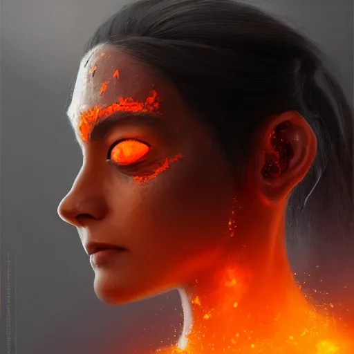 Image similar to side profile portrait of a mixed-race woman with an orange glow on her face from an orange flame being cast as a spell in her hand, medieval metallic knight armor, artstation, cgsociety, masterpiece, dark fantasy