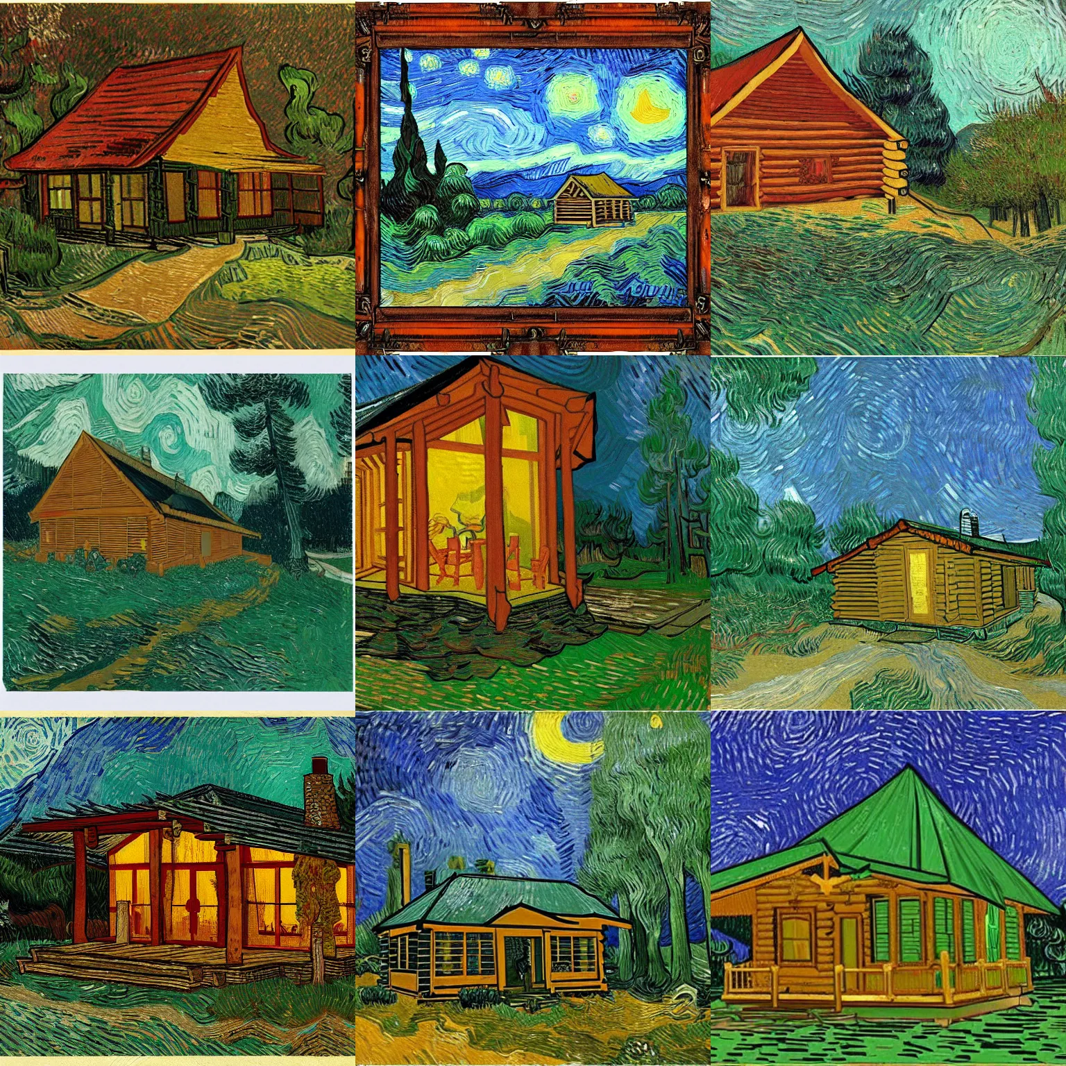 Prompt: [ a log cabin in the forest ] [ van gogh ] [ zack snyder ]