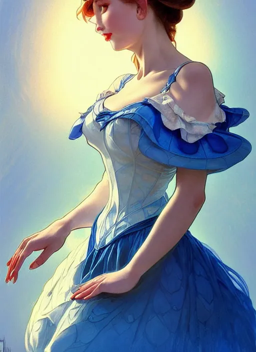 Image similar to concept art by artgerm, portrait of pinup giant disney alice in wonderland in blue dress, soft natural light, intricate, elegant, highly detailed, my rendition, digital painting, artstation, concept art, smooth, sharp focus, illustration, art by greg rutkowski and alphonse mucha and uang guangjian and gil elvgren, symmetry!!