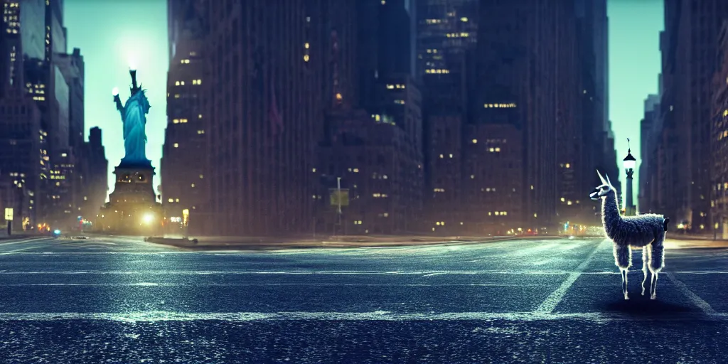 Image similar to a llama walking through a desolate manhattan city street at night, statue of liberty seen in the background, realistic 4 k octane beautifully detailed render, 4 k post - processing, highly detailed, detailed face, intricate complexity, epic composition, magical atmosphere, cinematic lighting, masterpiece, color picture, ultra hd