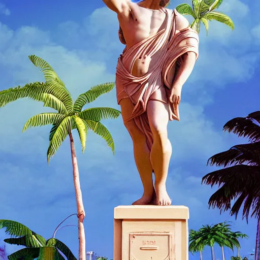 Prompt: a marble statue of a young greek man wearing a toga and a wreath of laurels around his head, in a 1 9 8 0 s tropical neon vintage computer graphics environment, with palm trees and columns, pixelated, vaporwave, pink, blue, tropics, microsoft windows