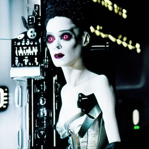 Prompt: cinematic portrait of bride of frankenstein as a replicant, still from the movie bladerunner, fashion photography, a neon sign is in the background
