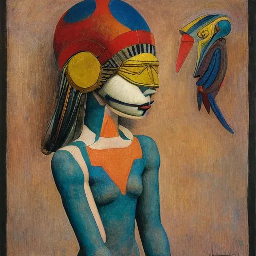 Image similar to the robot girl wearing her bird mask, by annie swynnerton and diego rivera and elihu vedder and lucien freud, symbolist, dramatic lighting, elaborate geometric ornament, head and shoulders view, art brut, soft cool colors, smooth, sharp focus, extremely detailed, adolf wolfli, leo and diane dillon, nicholas roerich