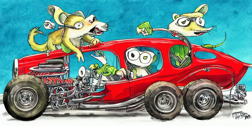 Image similar to racoon riding in a tiny hot rod coupe with oversized engine, ratfink style by ed roth, centered award winning watercolor pen illustration, by chihiro iwasaki, edited by range murata