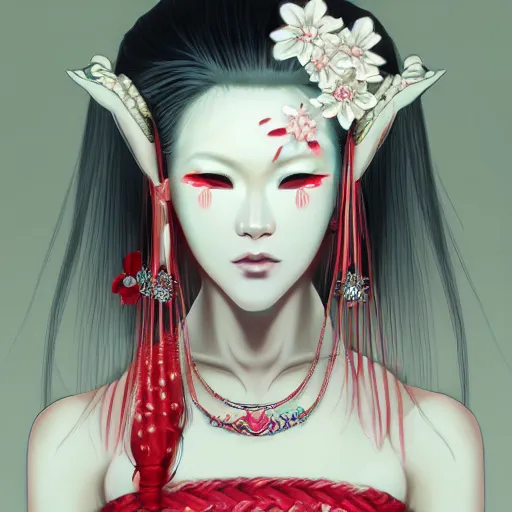 Image similar to albino maiko long hair, jewelry, sakura flower, red and white neon, concept art, intricate details, highly professionally detailed, cgsociety, highly detailed -