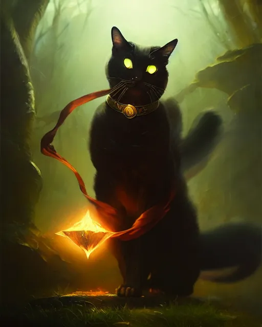 Image similar to oil painting of Cat Witch casting dark spell, sharp focus, heroic pose, fantasy style, octane render, volumetric lighting, 8k high definition, by greg rutkowski, highly detailed, trending on art Station, magic the gathering artwork, Woodland background, centered