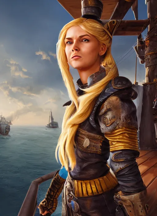 Image similar to An epic fantasy comic book style portrait painting of tall blonde haired female sky-pirate with a serious face and a pony tail in front of a metal gangplank, unreal 5, DAZ, hyperrealistic, octane render, cosplay, RPG portrait, dynamic lighting