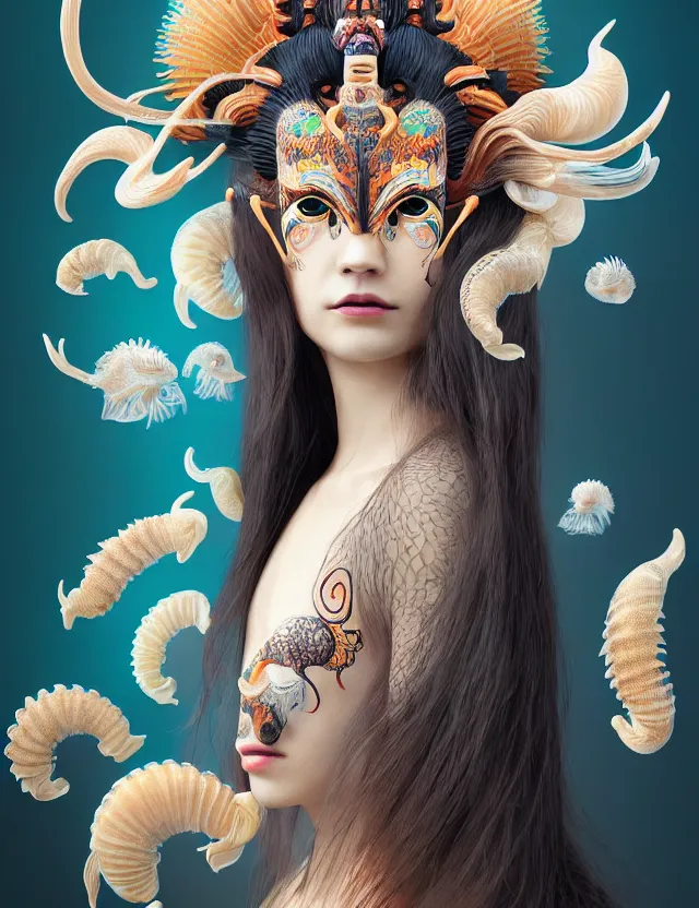 Image similar to 3 d goddess half - turn portrait with long hair with ram skull. beautiful intricately detailed japanese crow kitsune mask and clasical japanese kimono. betta fish, jellyfish phoenix, bio luminescent, plasma, ice, water, wind, creature, artwork by tooth wu and wlop and beeple and greg rutkowski