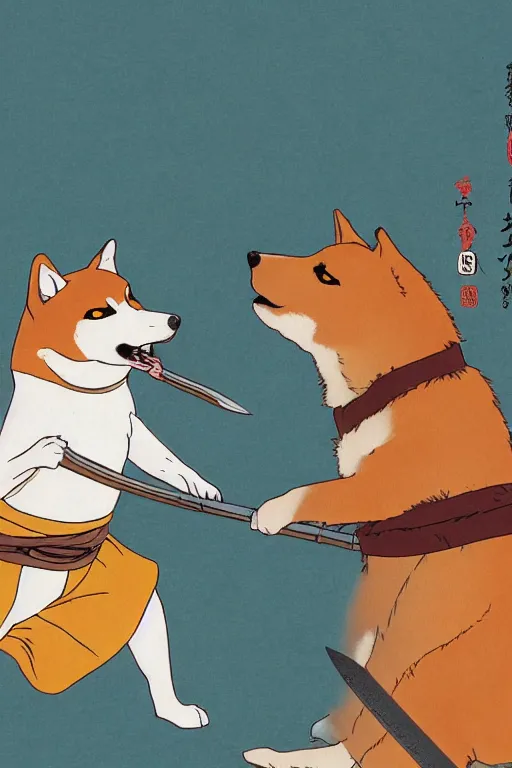 Image similar to a highly detailed portait of a shiba inu fighting a japanese folklore god with a sword in its mouth, in the style of studio ghibli, studio ghibli palette, 8 k