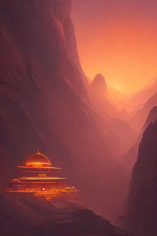 Image similar to big tibetan temple glowing orange in canyon, lightstreaks and planets in the sky, dramatic lighting, artstation, matte painting, ralph mcquarrie, simon stalenhag