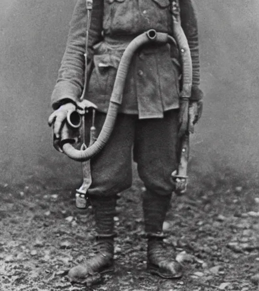 Image similar to person wearing gas mask with hose,ww1 photo, high detail, high resolution