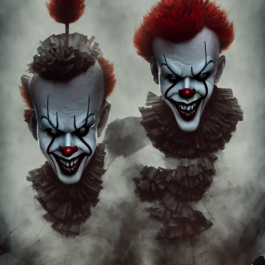 Image similar to symmetry of pennywise mixed with batman from neil gaiman, rpg reference, art by greg rutkowski, artgerm, trending on artstation, octane render, insanely detailed, 8 k, hd