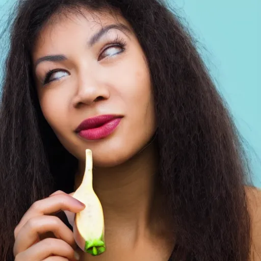 Image similar to close up photography of a woman that is about to bite into a banana, profile, close camera