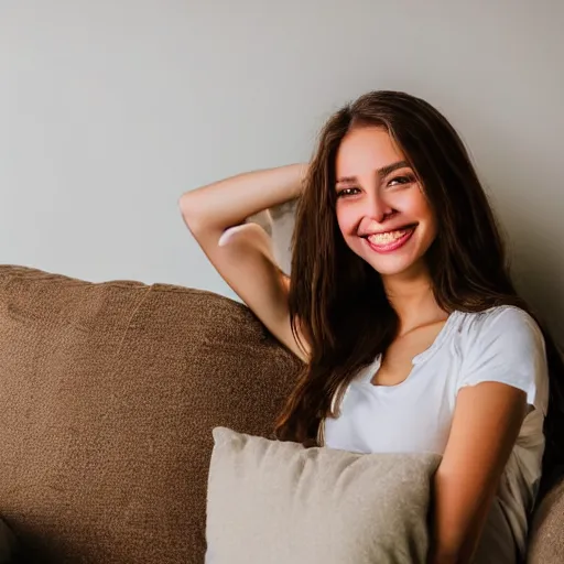 Image similar to a cute young woman smiling, long shiny bronze brown hair, full round face, green eyes, medium skin tone, light cute freckles, smiling softly, wearing casual clothing, relaxing on a modern couch, interior lighting, cozy living room background, medium shot, mid-shot, soft focus