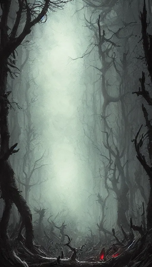 Prompt: a storm vortex made of many demonic eyes and teeth over a forest, by greg rutkowski